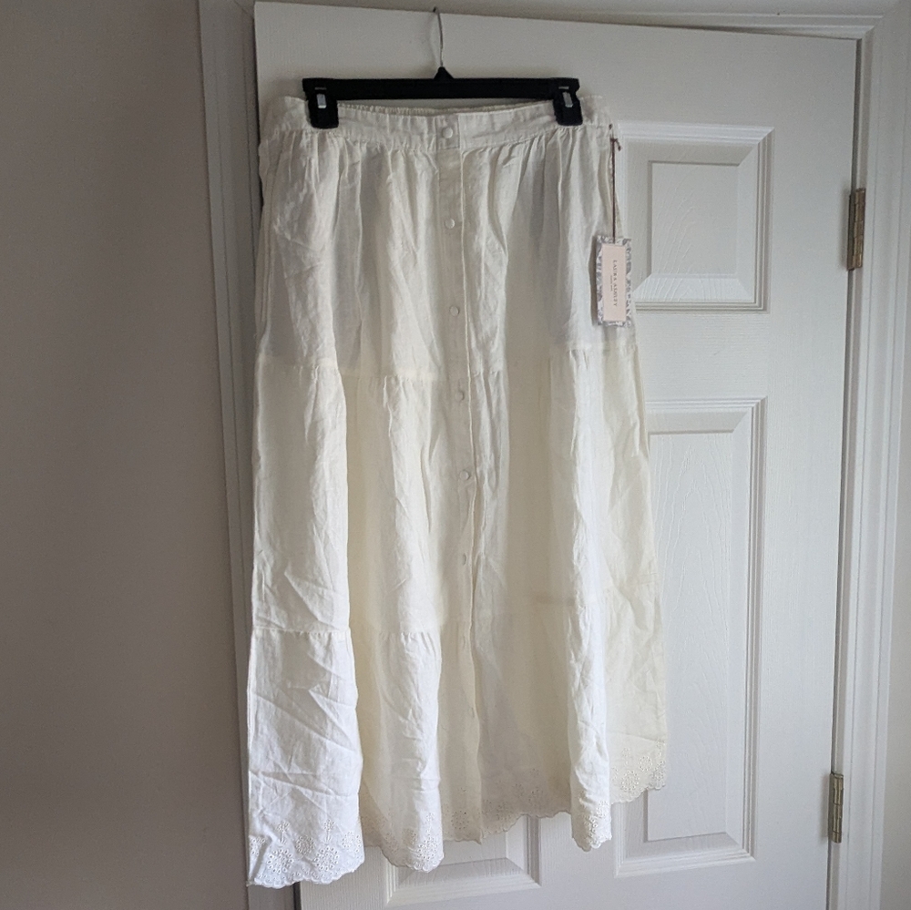 Laura Ashley Cream Midi A-Line Skirt with Tiered Design
